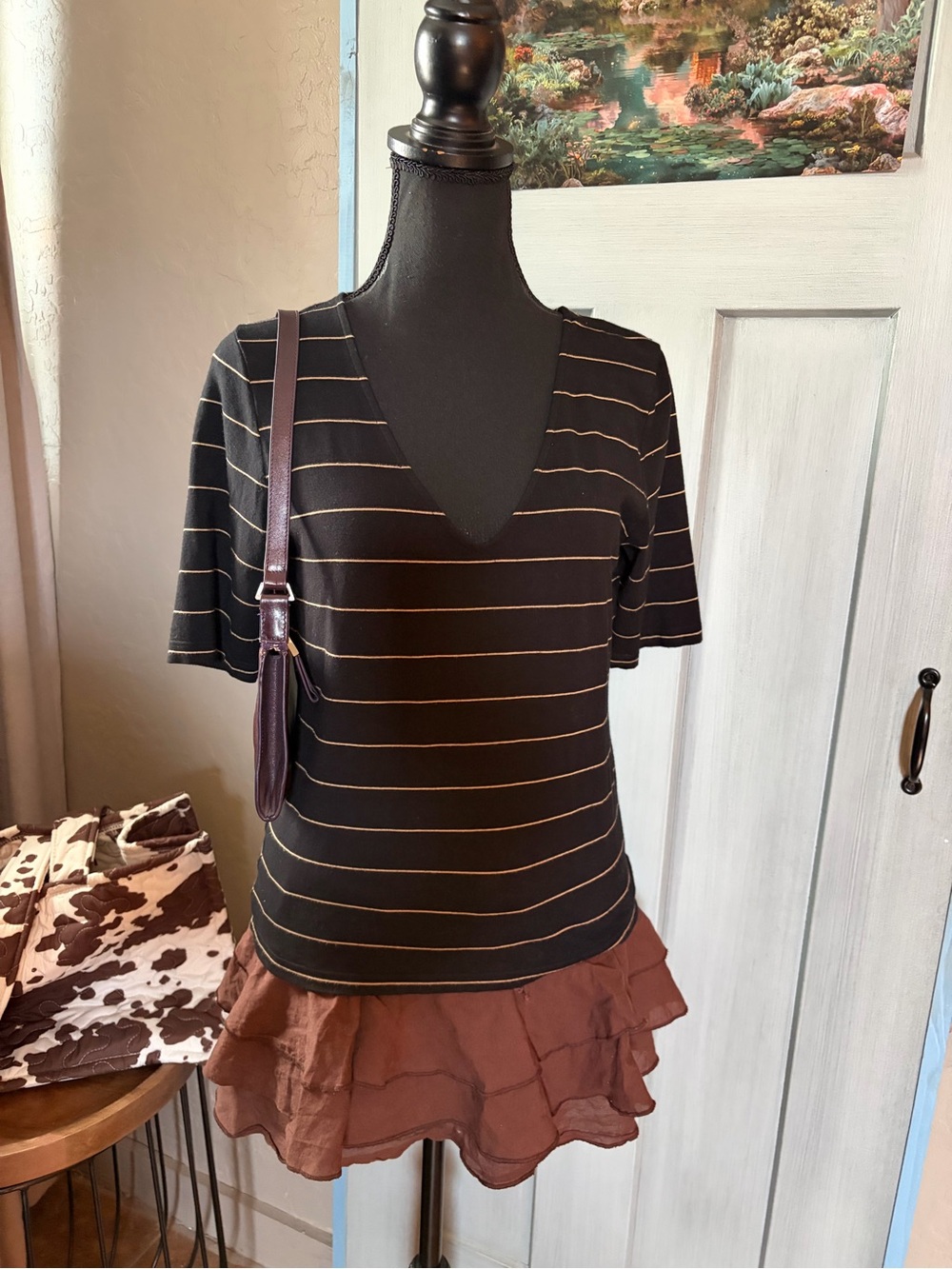 Lauren Ralph Lauren Black V-Neck Short Sleeve Top with Thin Gold Stripes